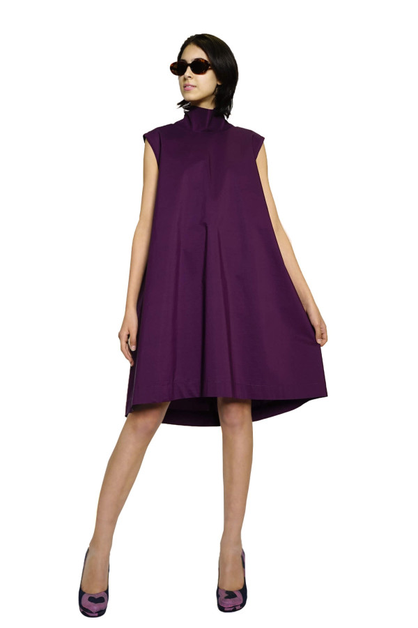 Flared purple dress with a low neckline