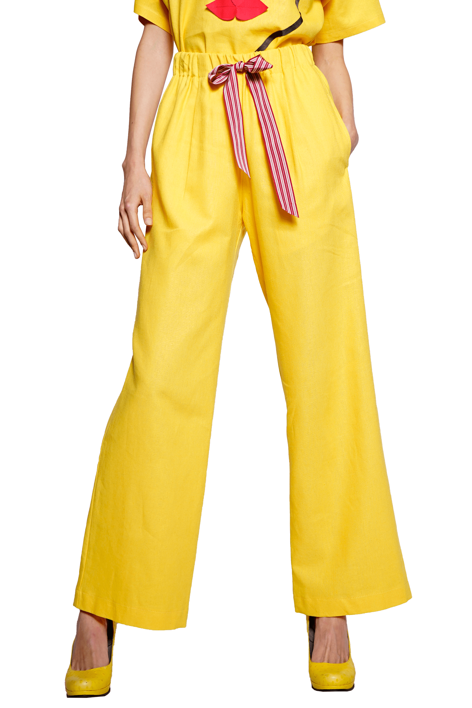 Flared yellow linen trousers