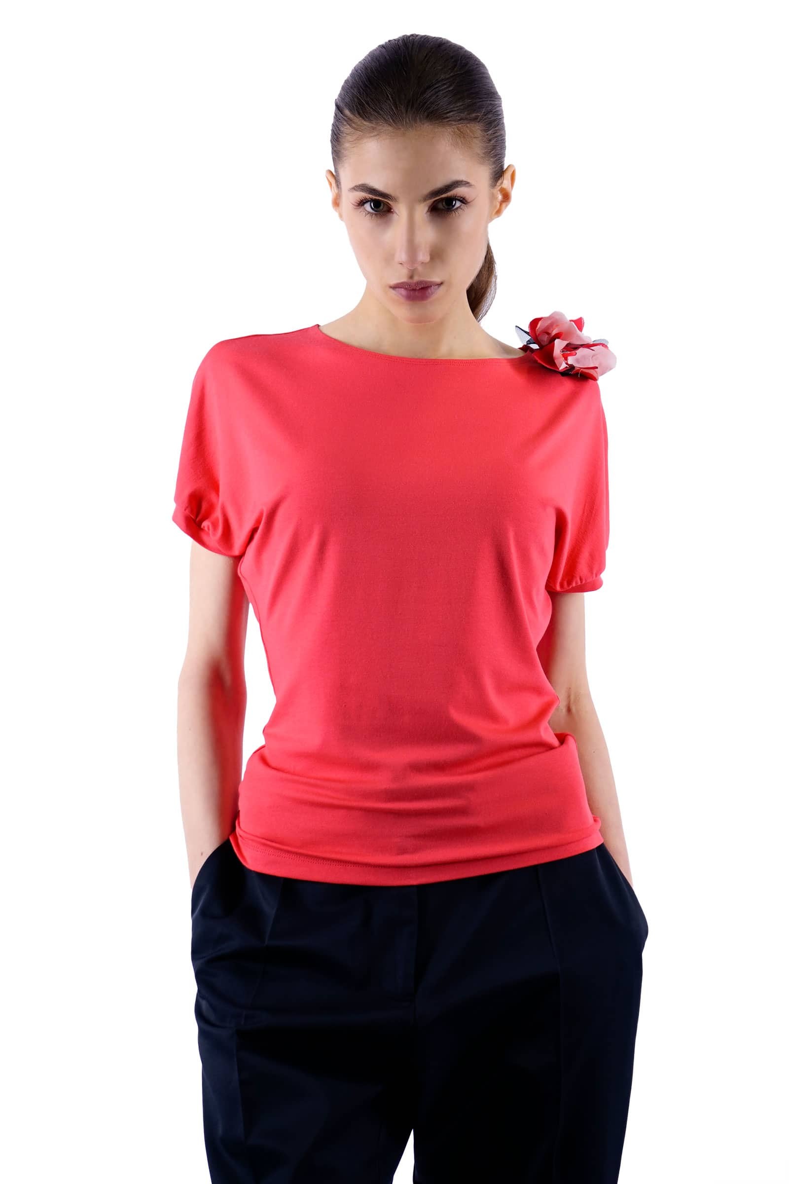 Red blouse with flower